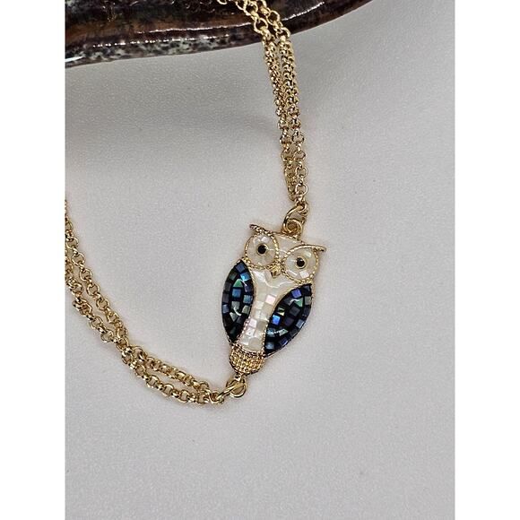 Handmade White Owl Bracelet Abalone 14K Gold Plated Double Chain Adjustable - Picture 4 of 5